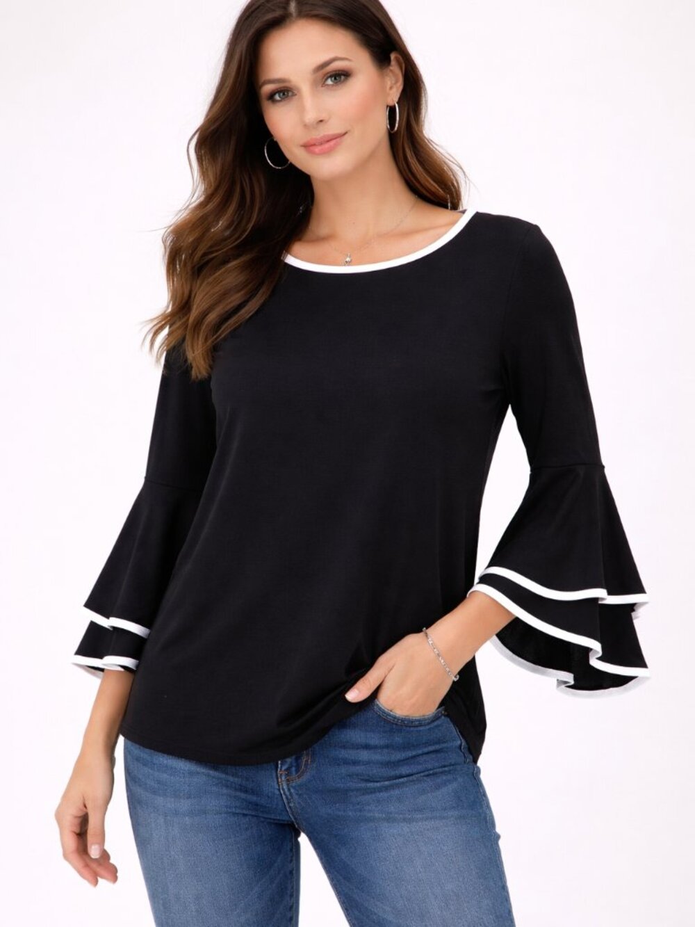 ✨ Black Bell Sleeve Top with White Trim – Chic Statement Style